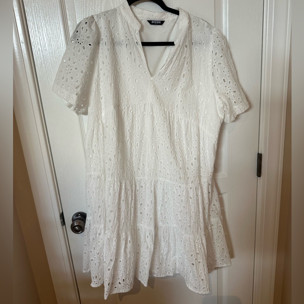 BTFBM size XLarge Boho Dress Resort V Neck Short Sleeve White Cut Out Lace $58 - Picture 7 of 10